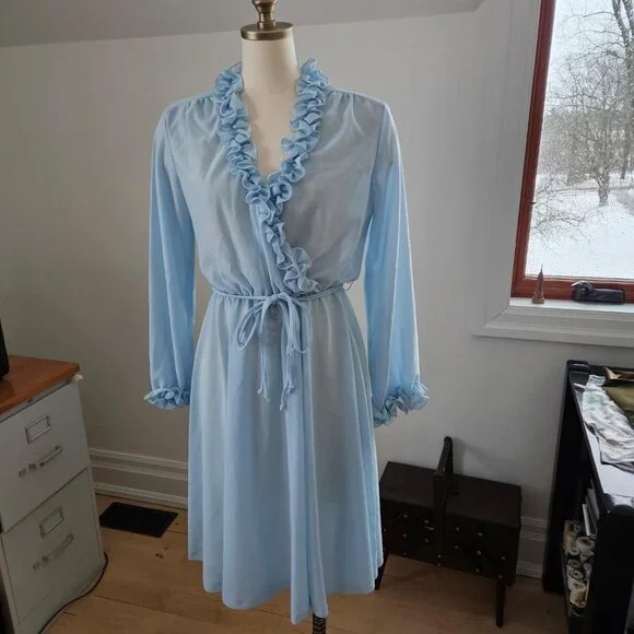 Vintage 1970s Sheer Blue Ruffle Dress | Faux Wrap & Stretch Waist - Picture 1 of 3